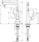 Hansgrohe Spültischmischer mit ergonomischem Hebel, Hahn in schwenkbarer Bauform. Technische Zeichnung zeigt Abmessungen und Montageanleitung.